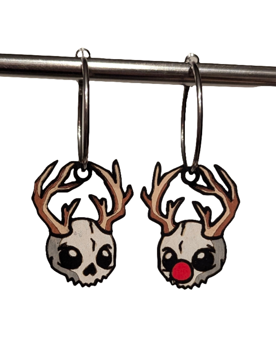 Reindeer Rudolph Skull Hand Painted Hoop Wooden Earrings