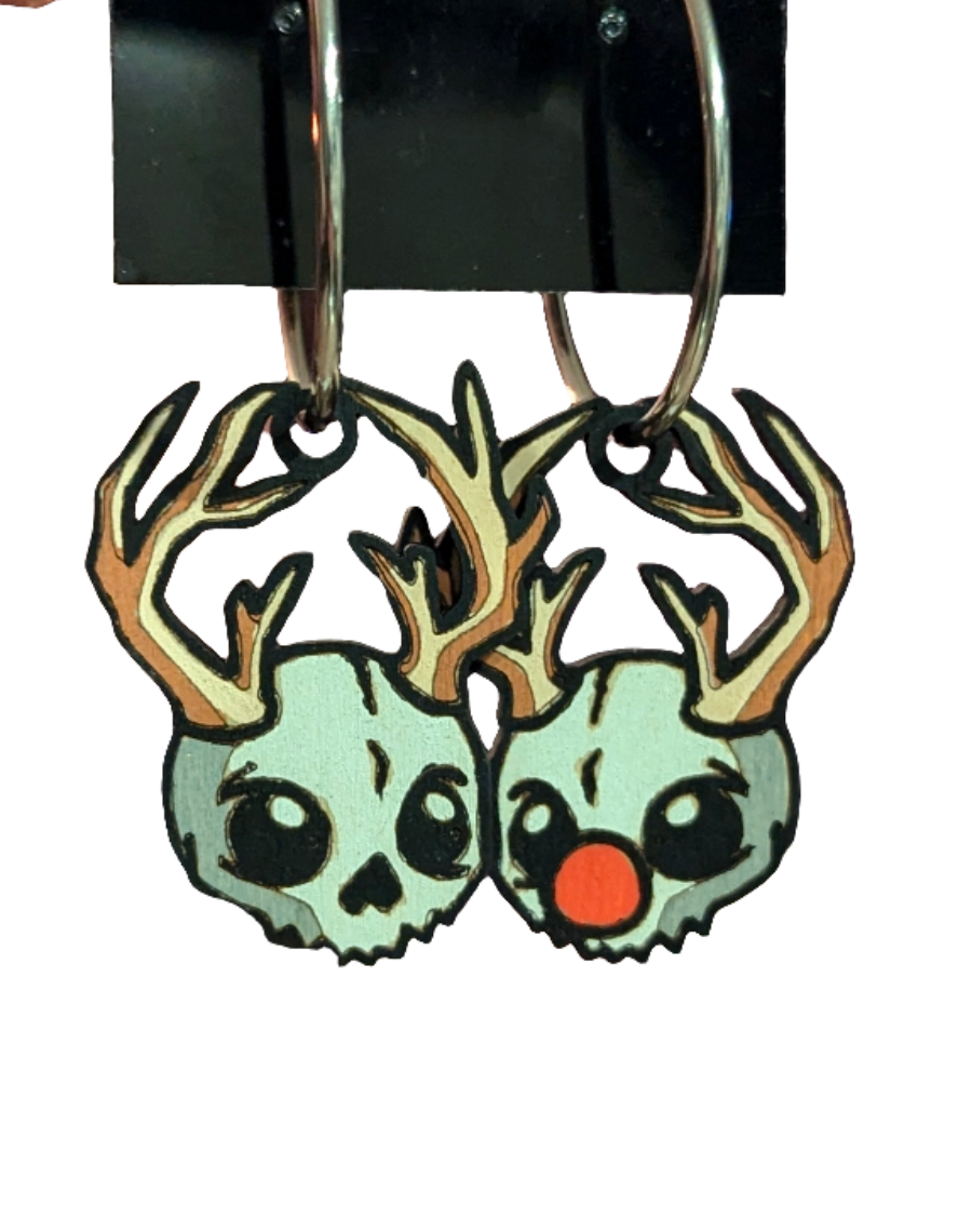 Reindeer Rudolph Skull Hand Painted Hoop Wooden Earrings