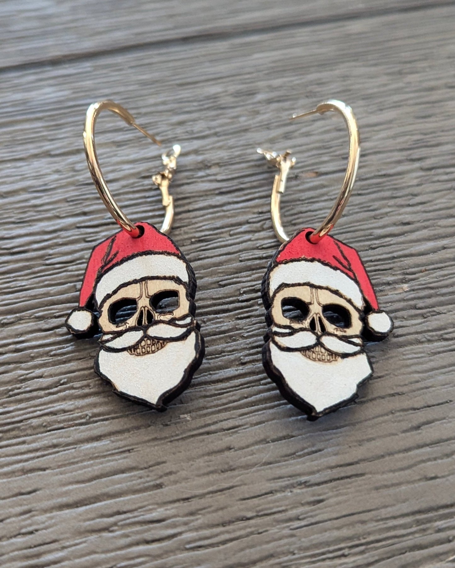 Skull Santa Hoop Wooden Earrings