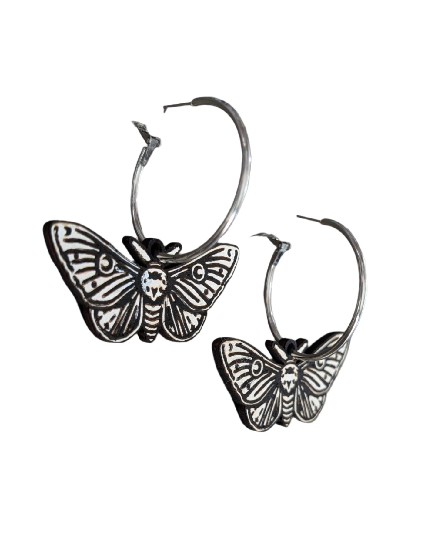 Moth Hand Painted Hoop Wooden Earrings