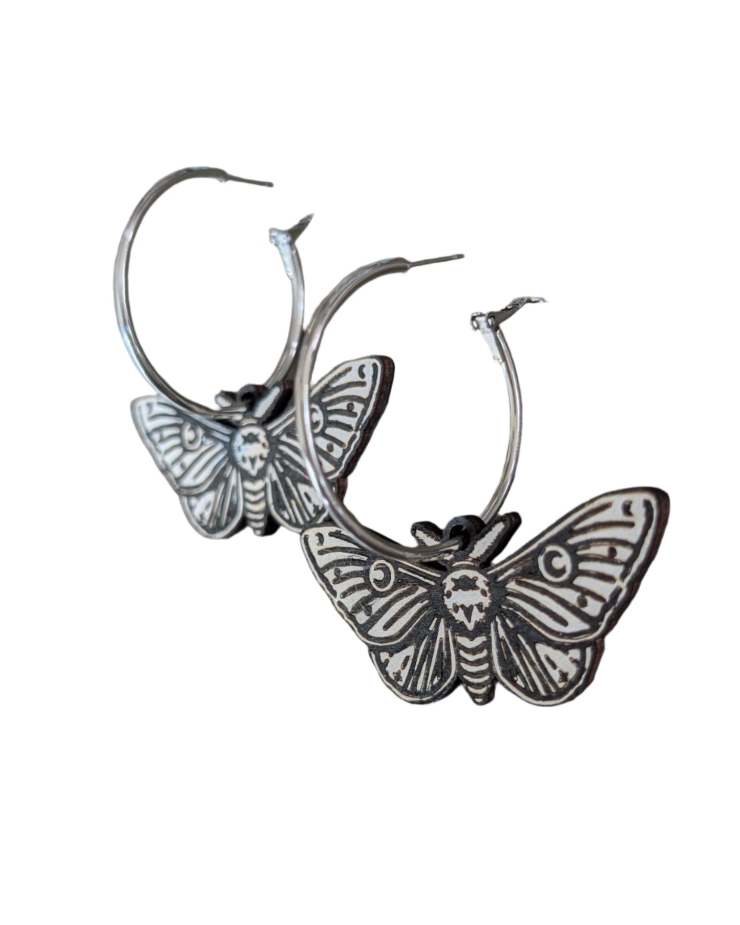 Moth Hand Painted Hoop Wooden Earrings