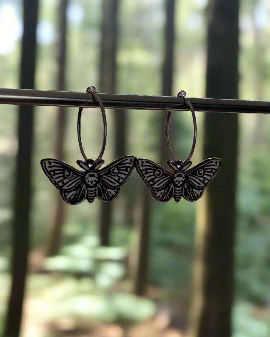 Moth Hand Painted Hoop Wooden Earrings