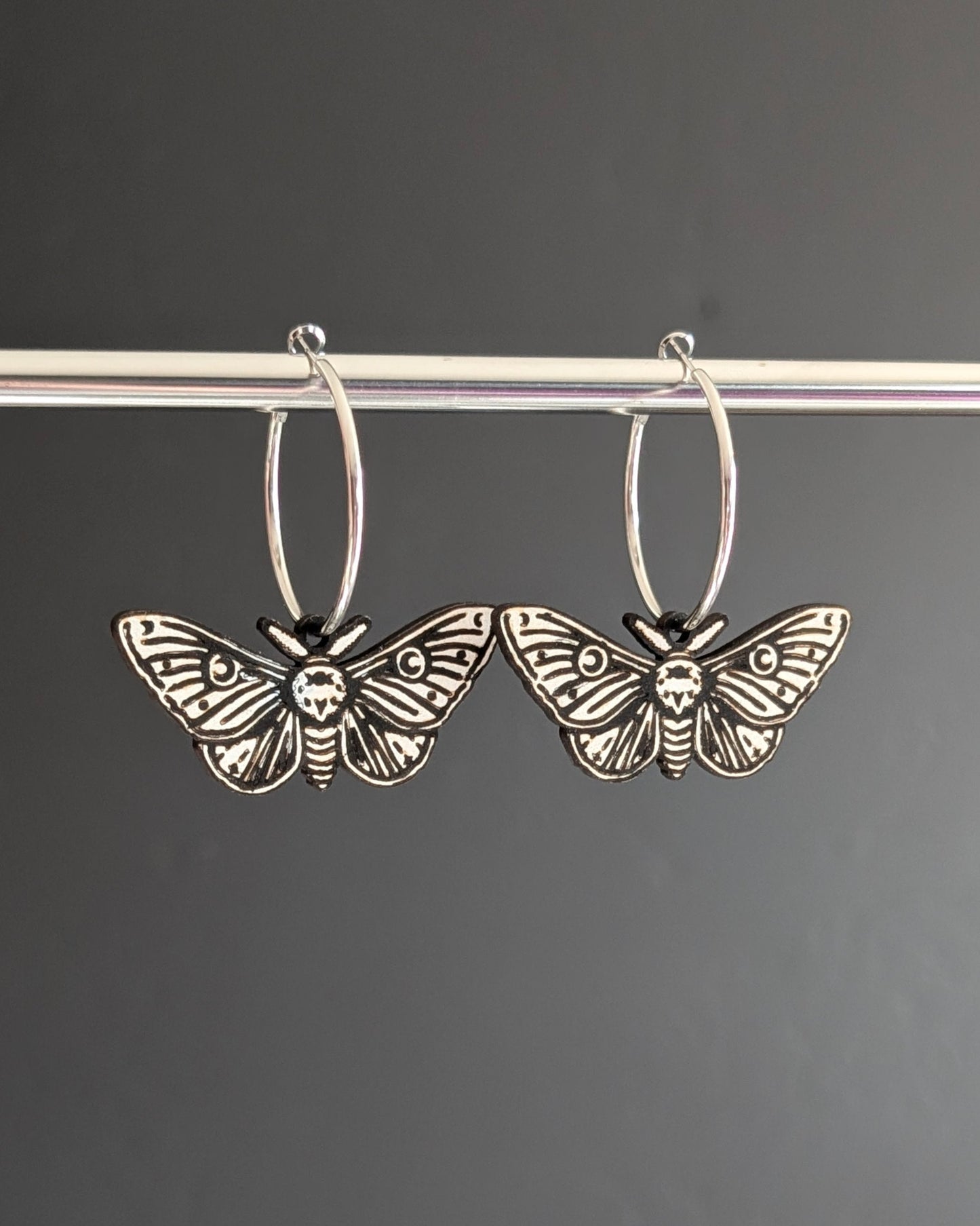 Moth Hand Painted Hoop Wooden Earrings