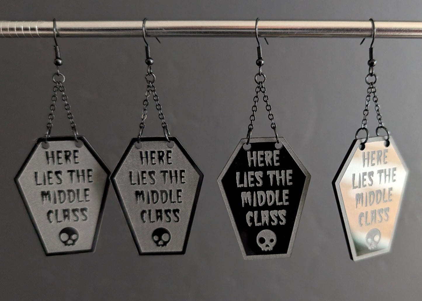 Here Lies the Middle Class Coffin Black Acrylic Dangle Earrings