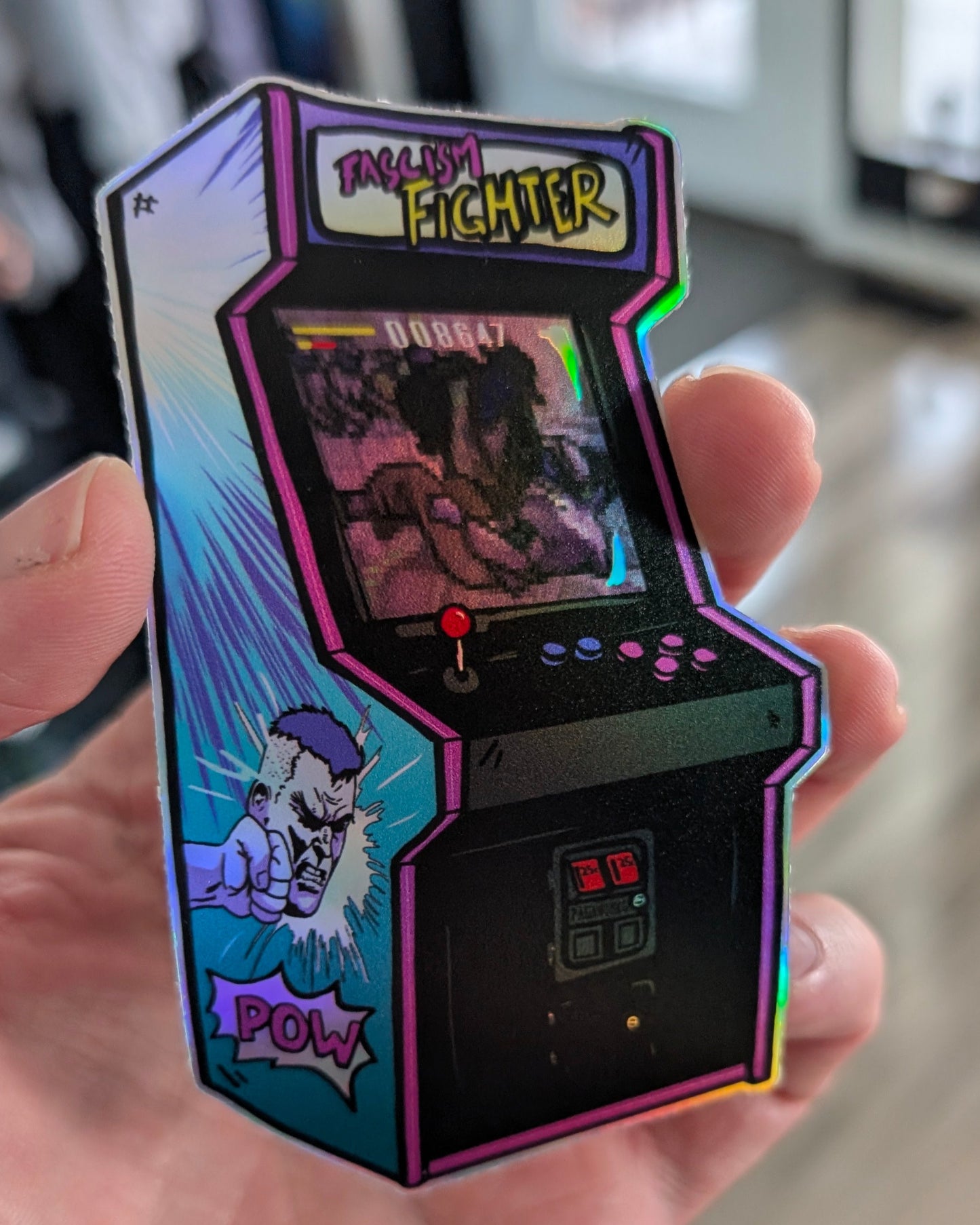 Fascism Fighter Arcade Game Holographic Sticker
