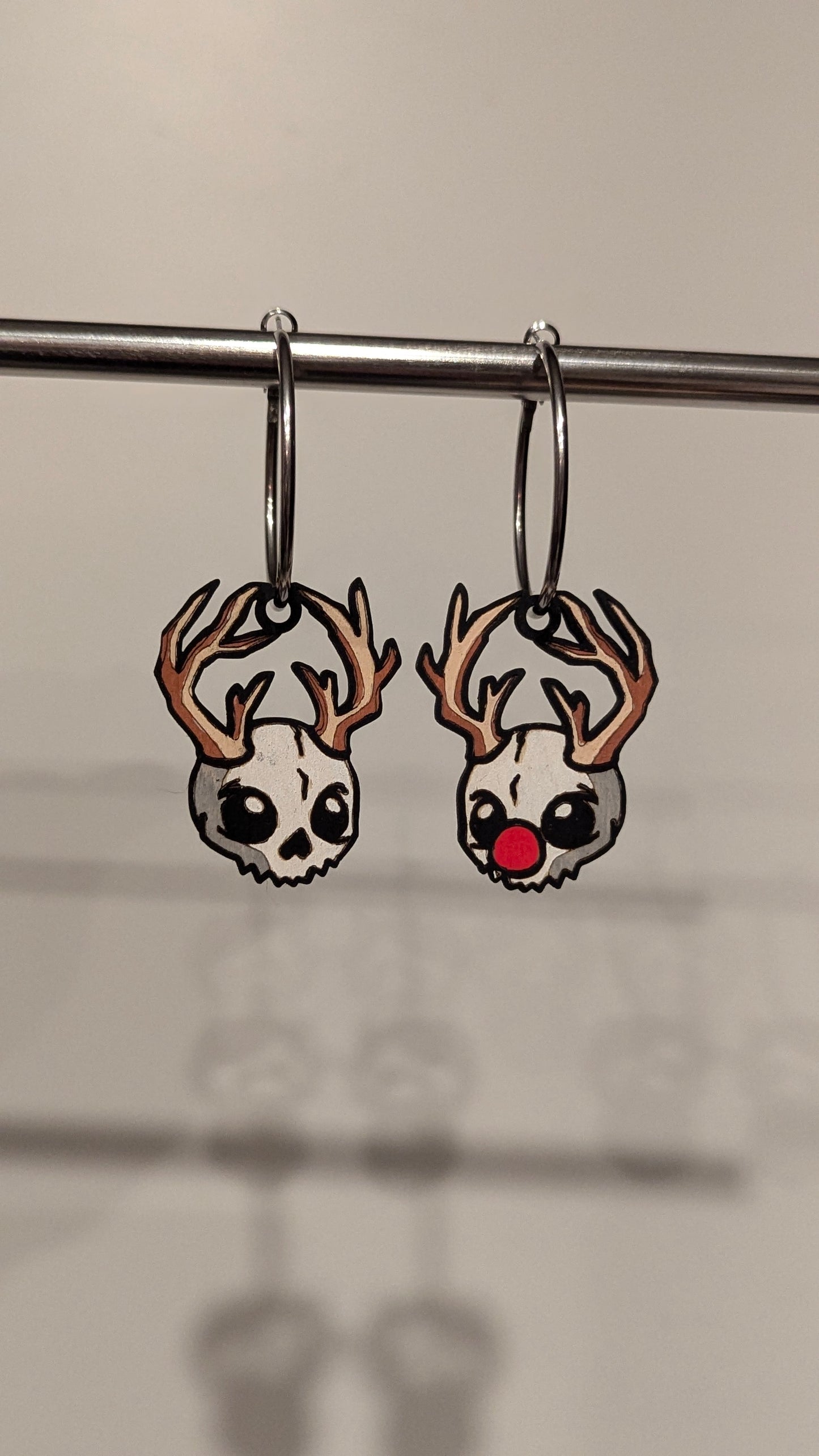 Reindeer Rudolph Skull Hand Painted Hoop Wooden Earrings