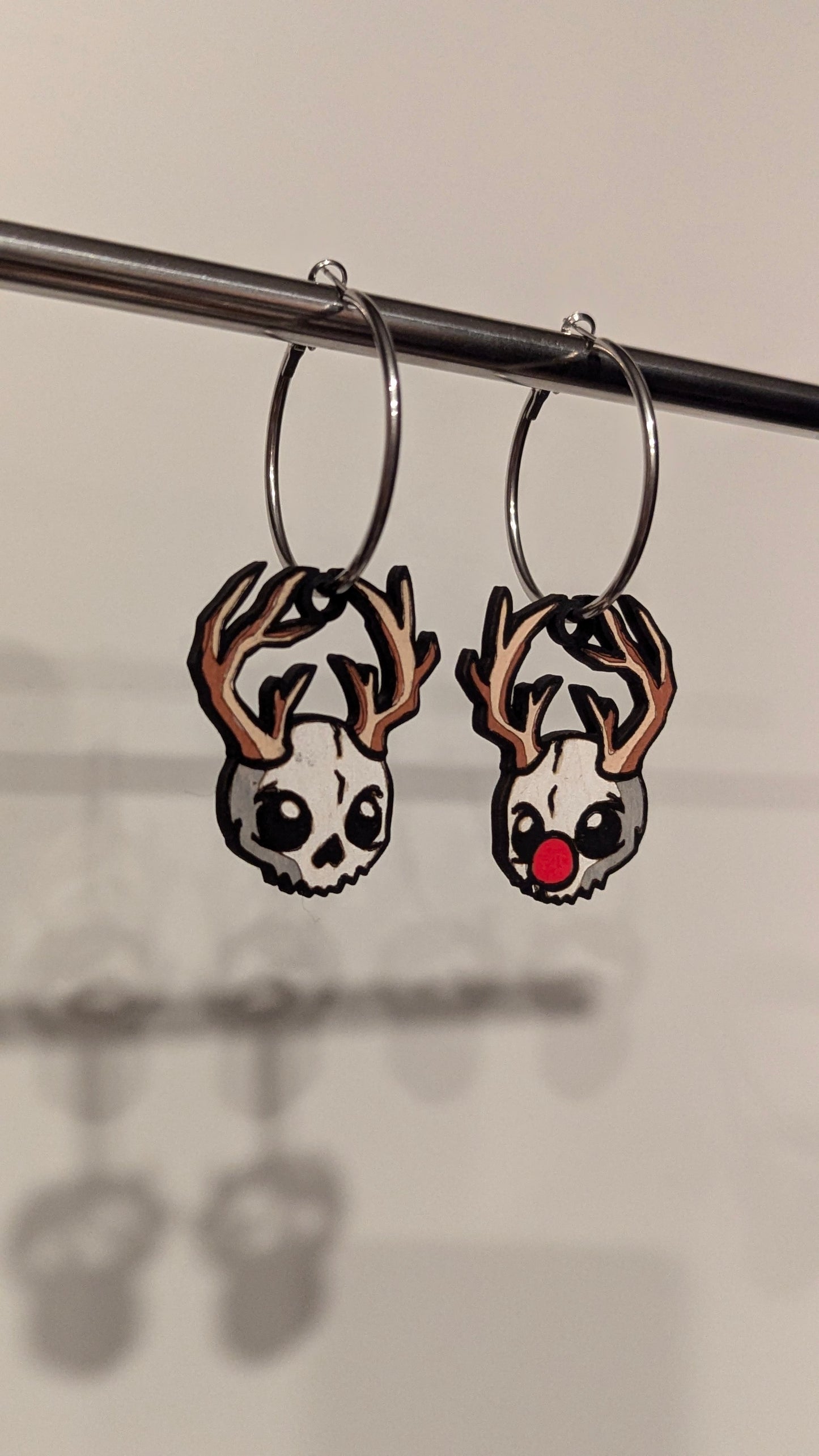 Reindeer Rudolph Skull Hand Painted Hoop Wooden Earrings