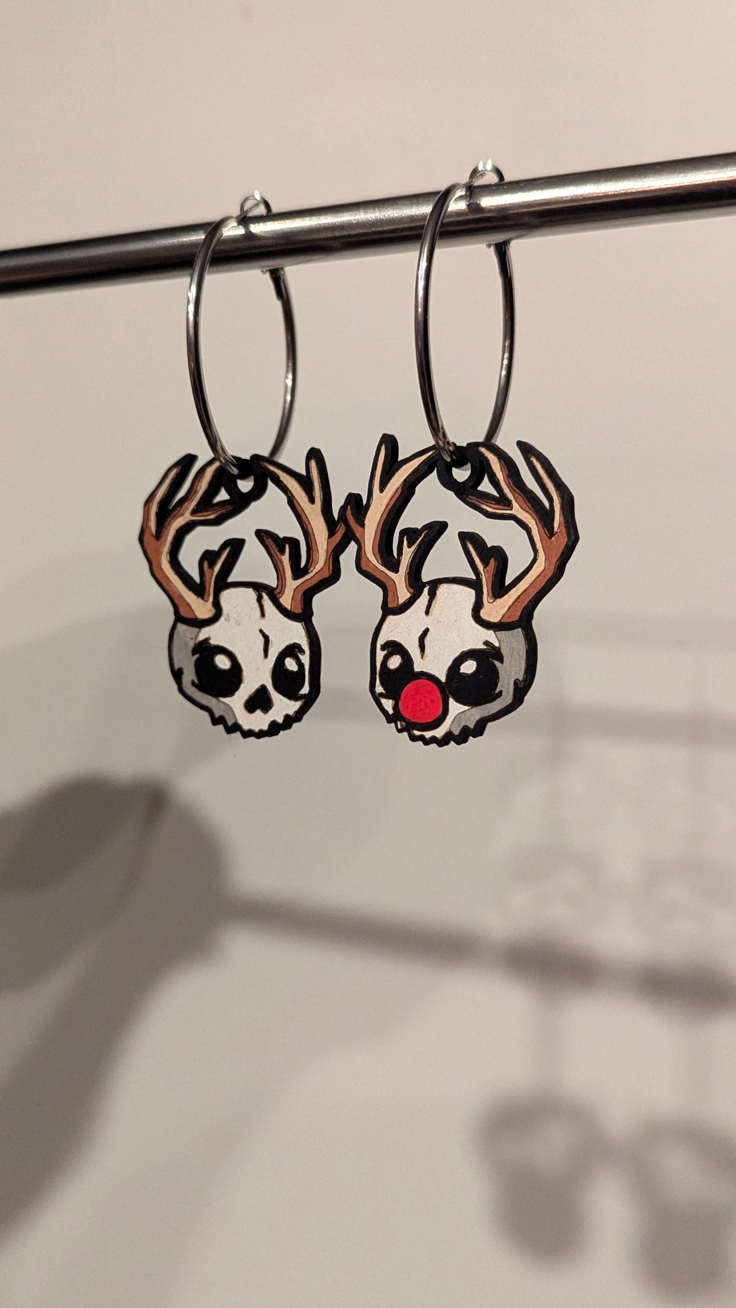 Reindeer Rudolph Skull Hand Painted Hoop Wooden Earrings