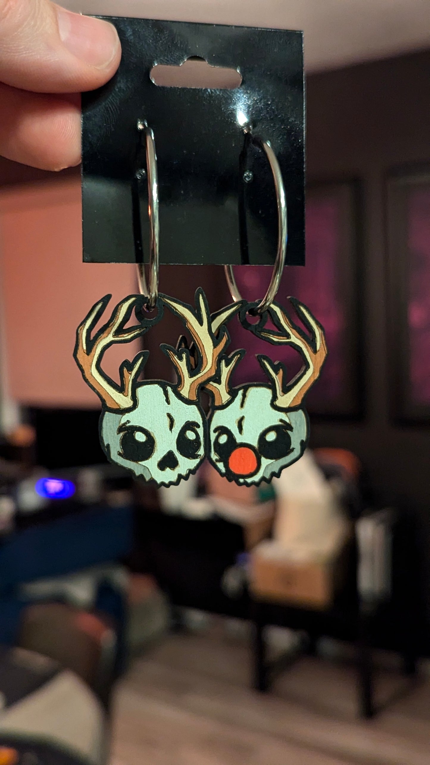 Reindeer Rudolph Skull Hand Painted Hoop Wooden Earrings