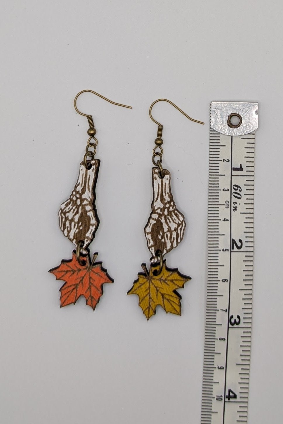 Skeleton Hand and Autumn Leaf Dangle Earrings