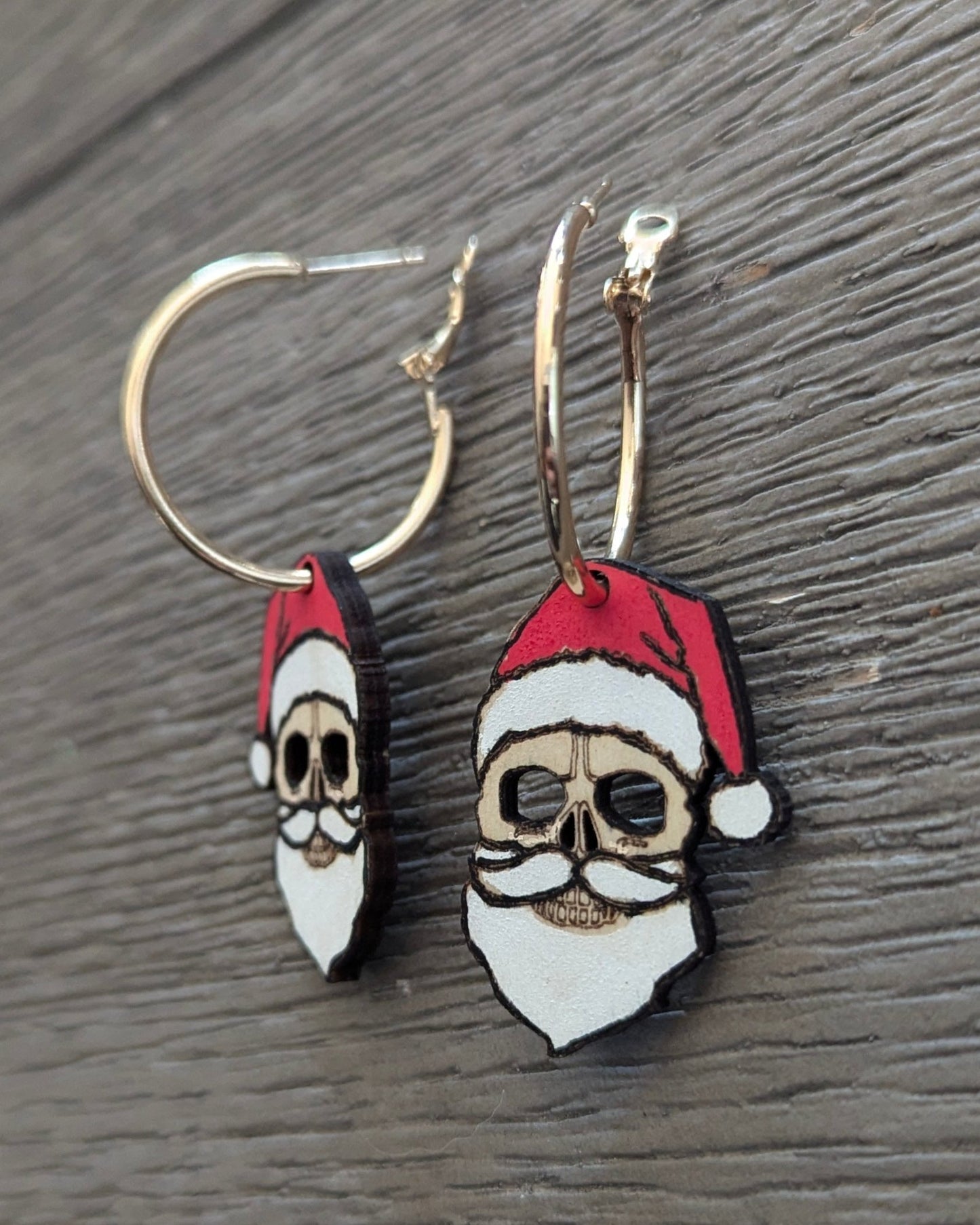 Skull Santa Hoop Wooden Earrings