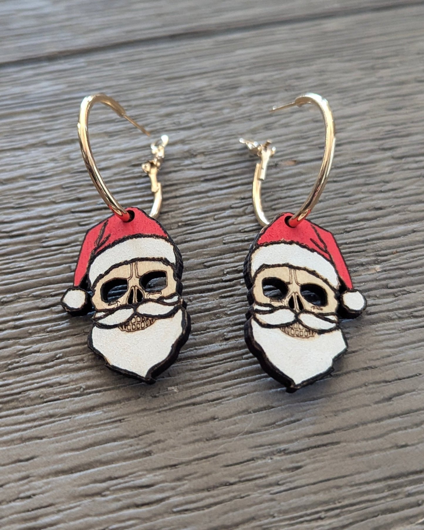 Skull Santa Hoop Wooden Earrings