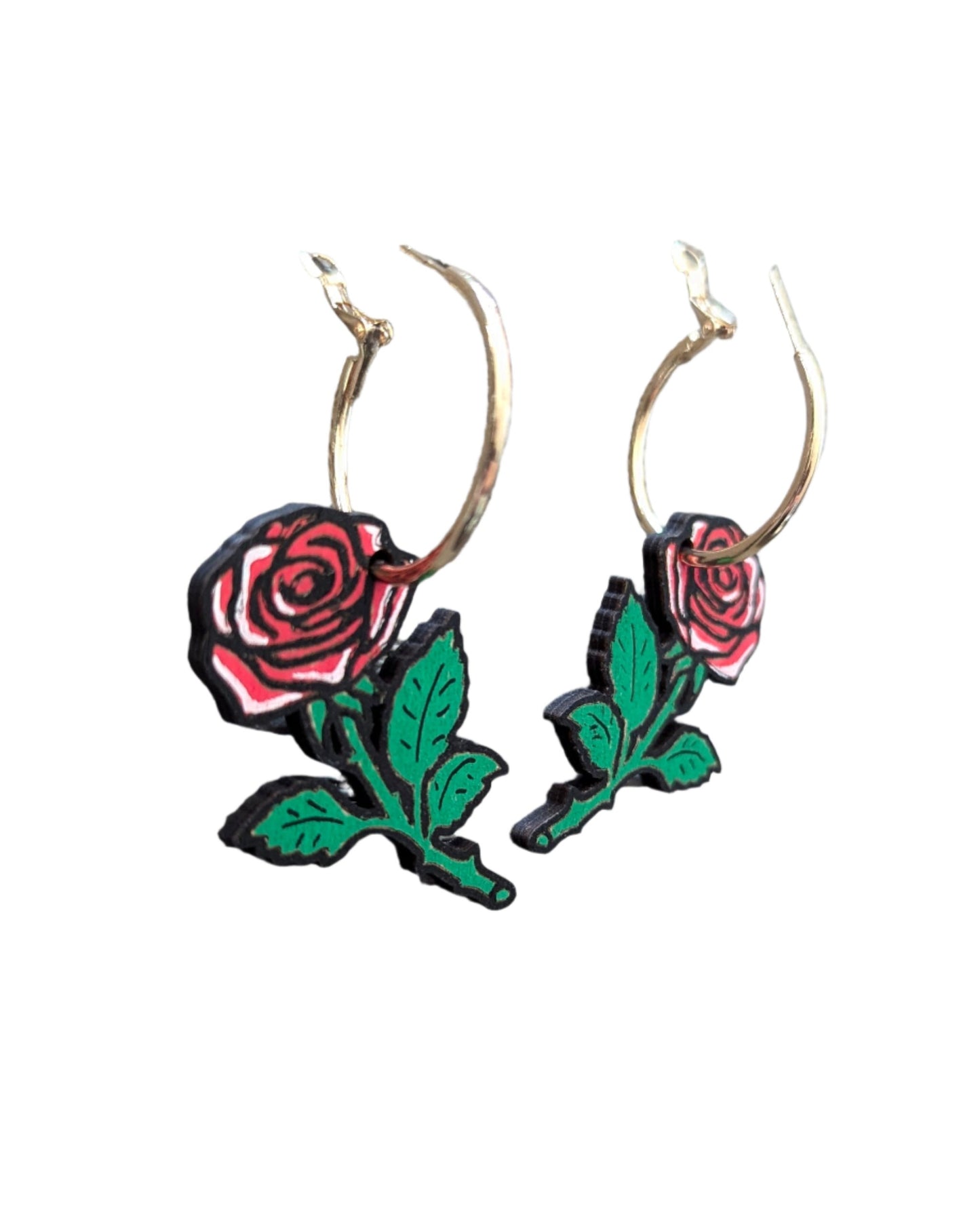 Large Rose Hand Painted Hoop Wooden Earrings