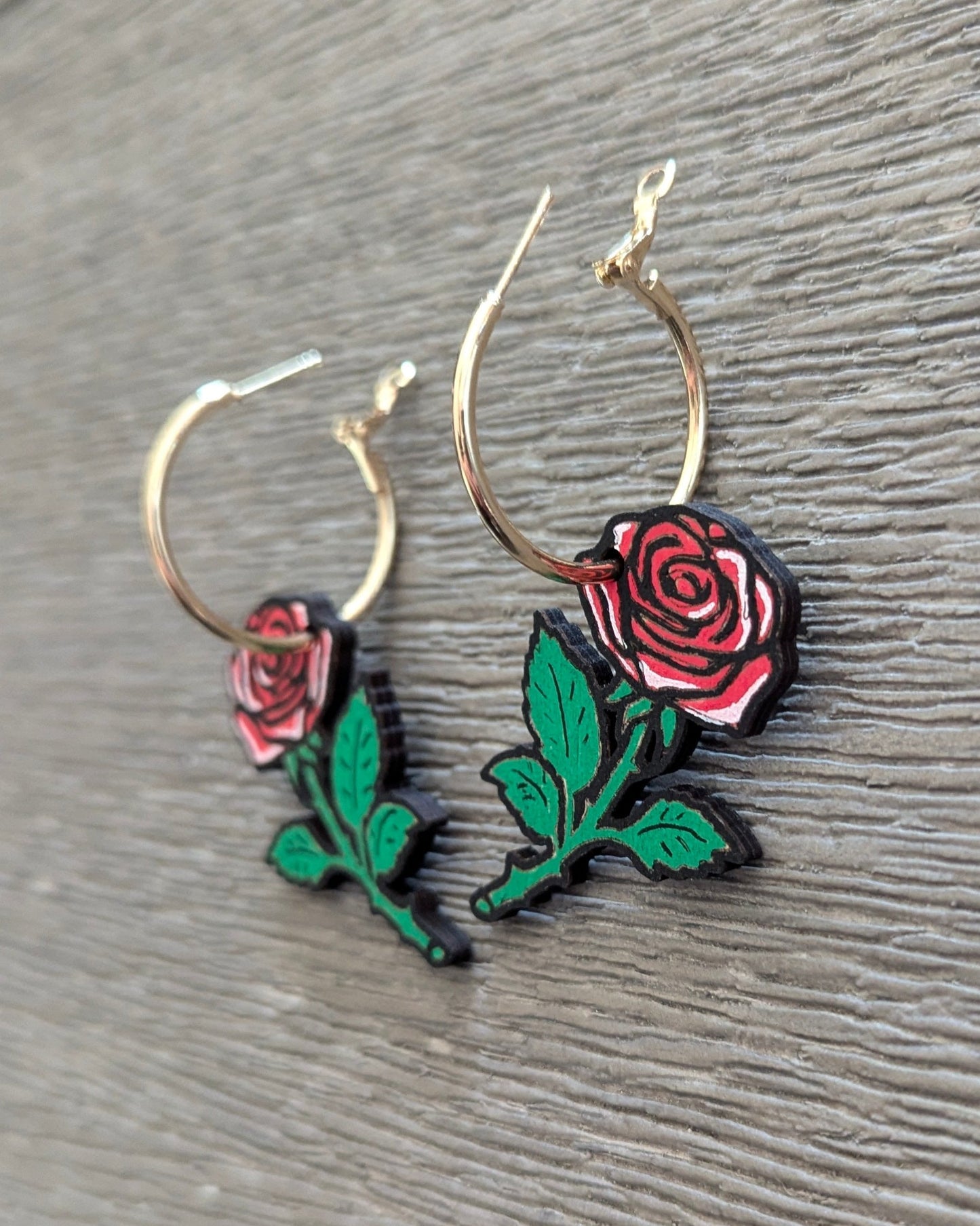 Large Rose Hand Painted Hoop Wooden Earrings