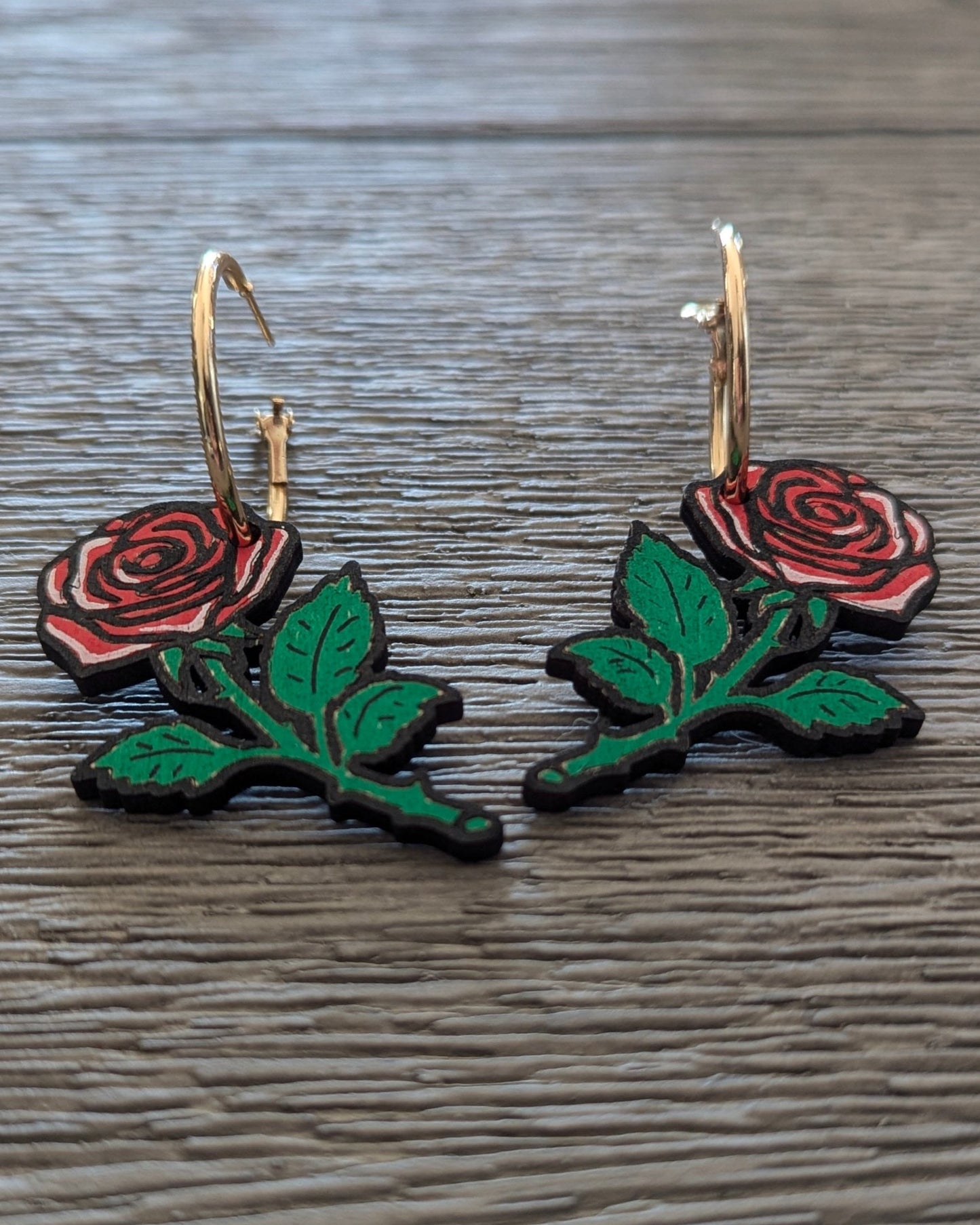 Large Rose Hand Painted Hoop Wooden Earrings