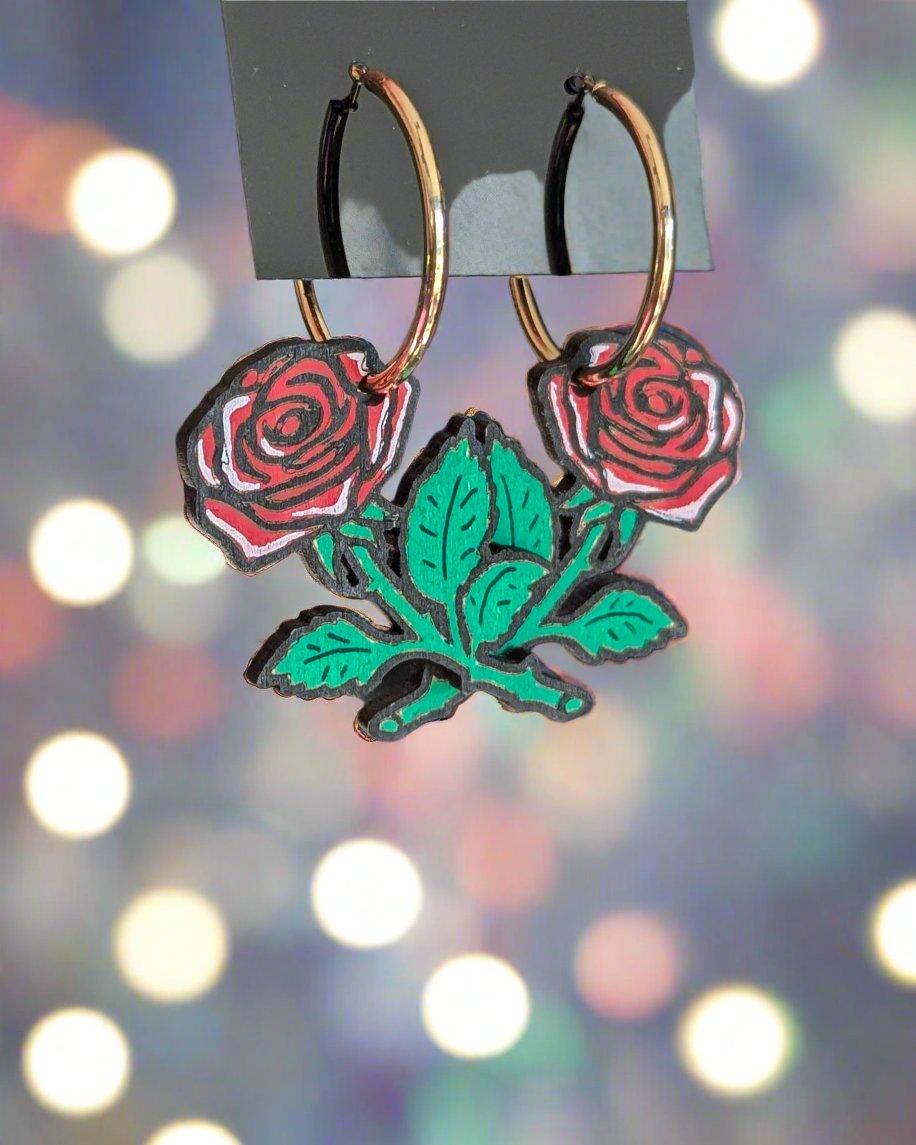 Large Rose Hand Painted Hoop Wooden Earrings