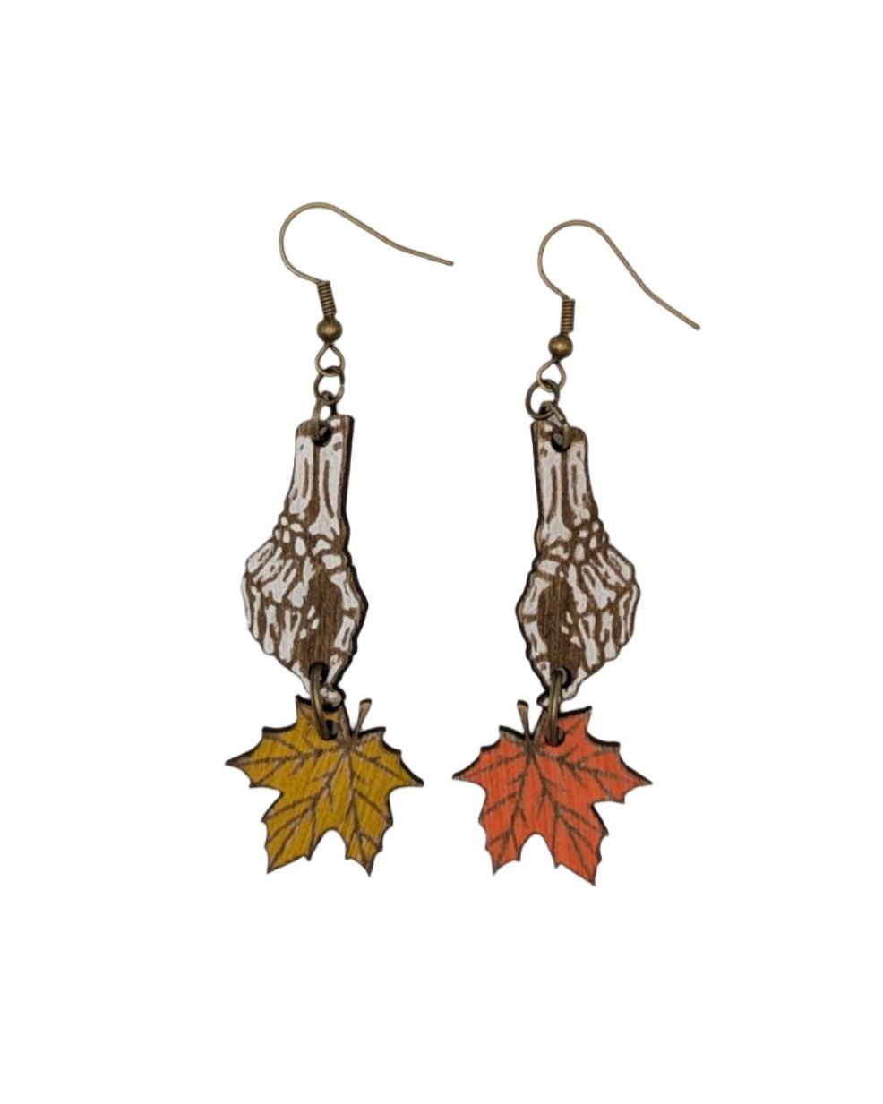 Skeleton Hand and Autumn Leaf Dangle Earrings