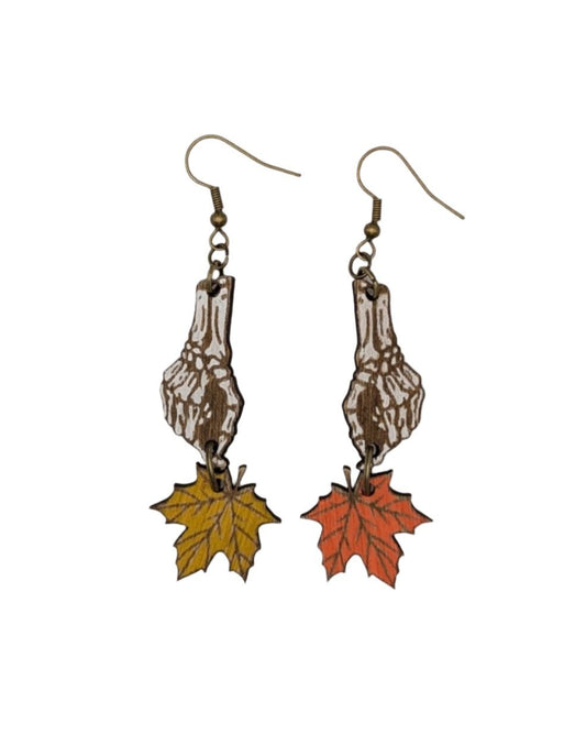 Skeleton Hand and Autumn Leaf Dangle Earrings