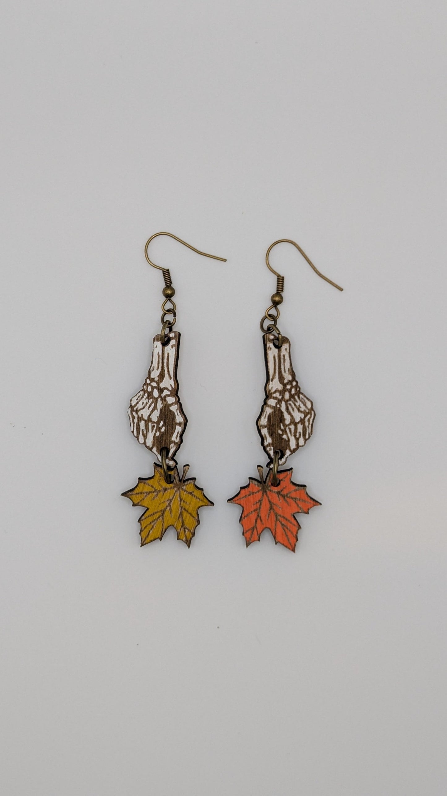 Skeleton Hand and Autumn Leaf Dangle Earrings