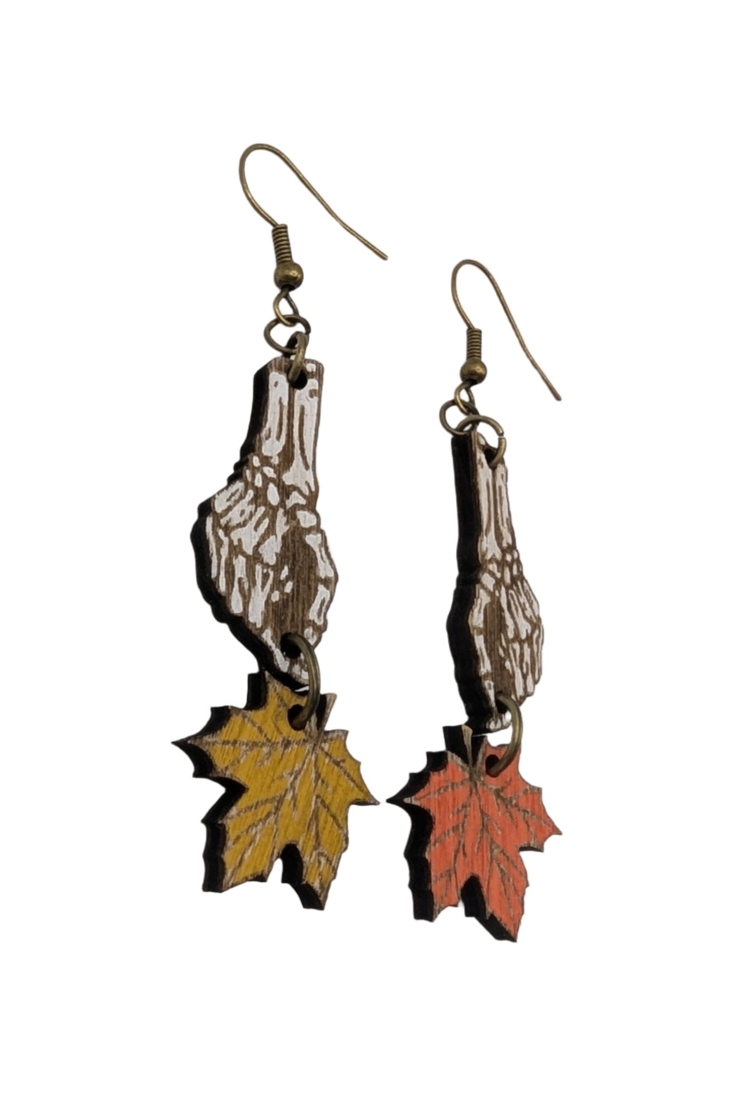 Skeleton Hand and Autumn Leaf Dangle Earrings