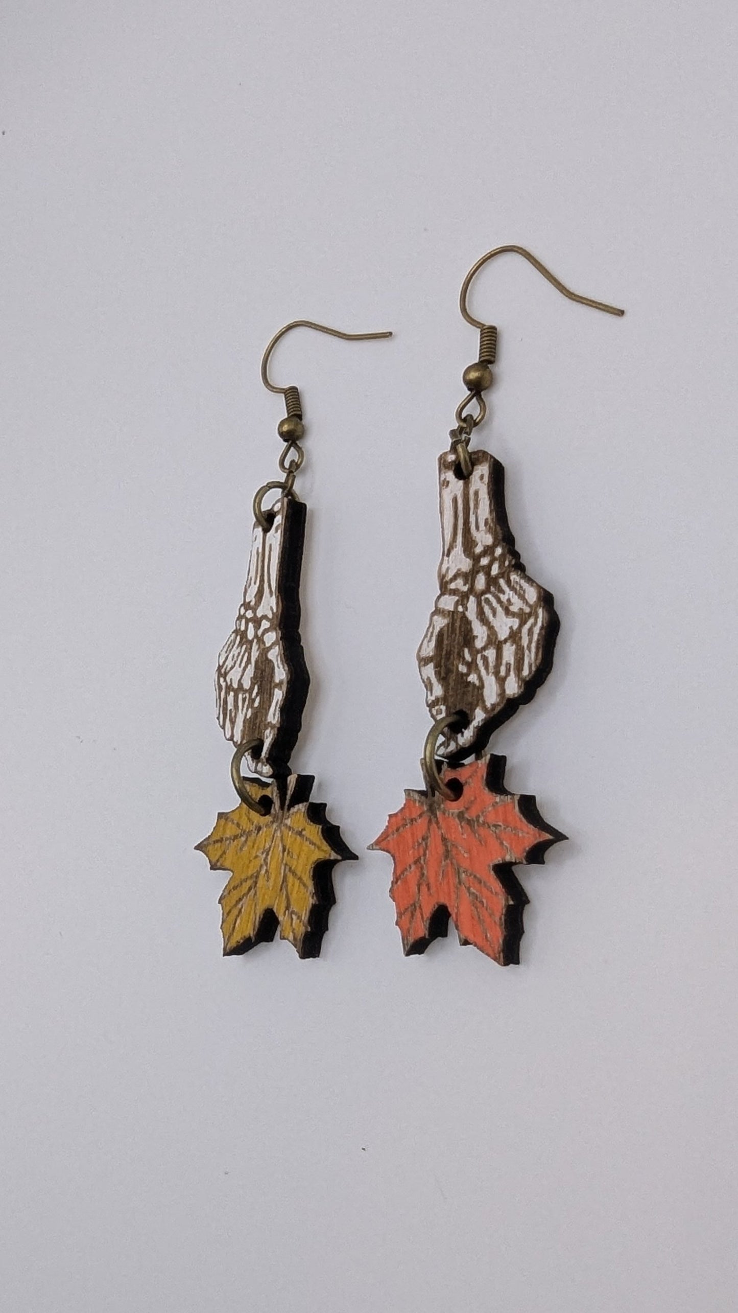 Skeleton Hand and Autumn Leaf Dangle Earrings