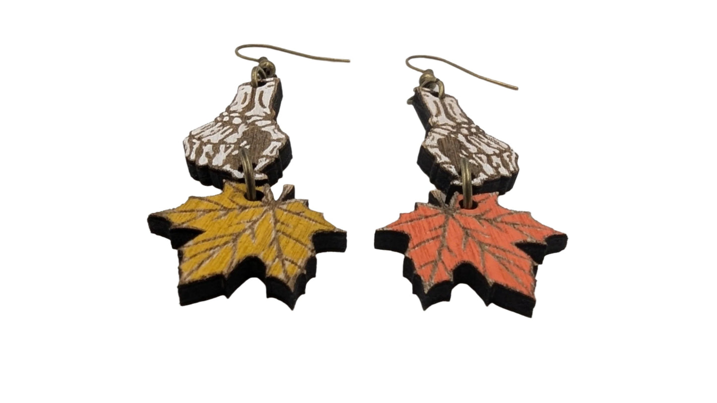 Skeleton Hand and Autumn Leaf Dangle Earrings